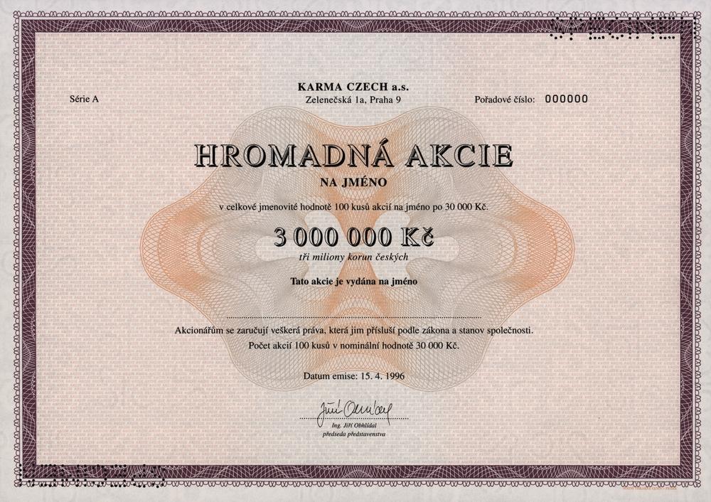 KARMA CZECH a.s., hromadn akcie na jmno na 3000000 K, Praha 1996